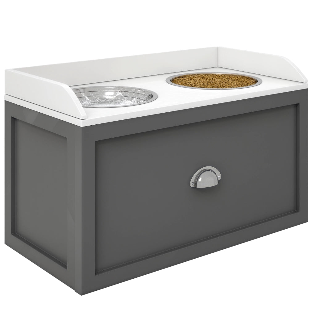 Tavolo per cani con ciotole e cassetto ¨C Minimal ¨C 63x30x36 cm grigio bianco