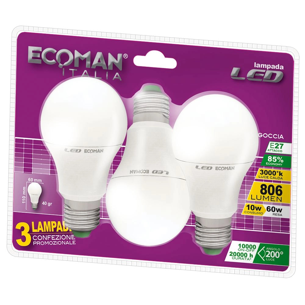 Goccia 10W E27 Tripack luce calda 220-240V
