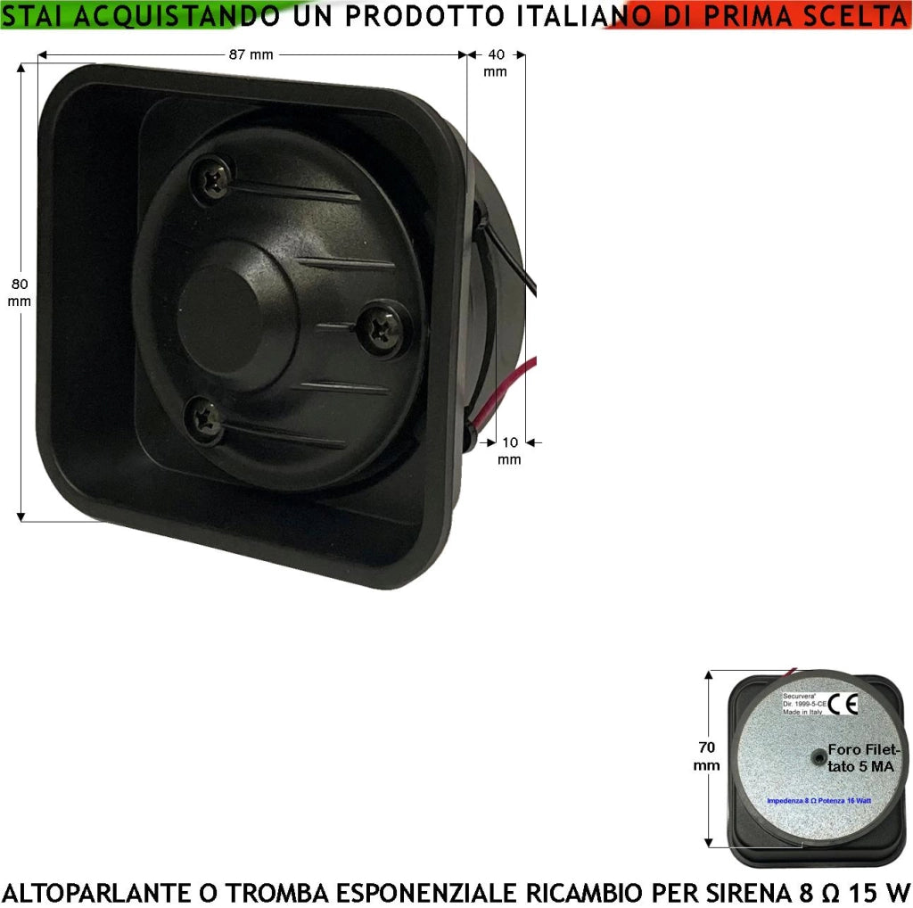 Altoparlante Ricambio Per Sirena Allarme Tromba Impedenza 8 Ω Potenza 15 W Suoni Alta Frequenza da 1,3 ± 2 KHz 100 dB Membrana Oscillante ABS su Magnete Permanente Ø 70XS10 mm Misure L87XH80XP40 mm