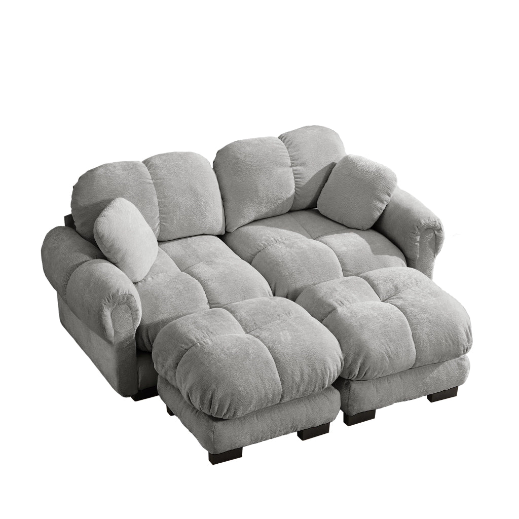 Divano modulare a 2 posti in ciniglia con chaise longue mobile e cuscini trapuntati, Grigio chiaro