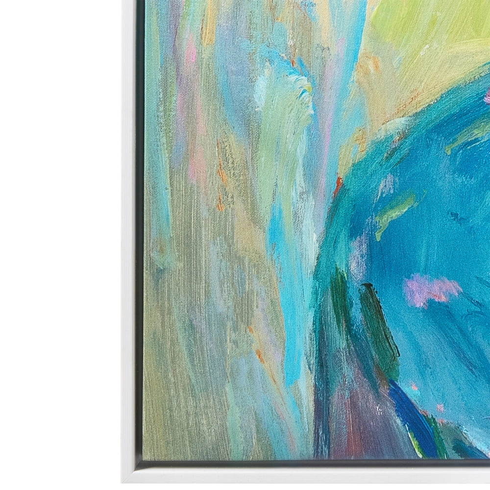Quadro decorativo su tela blu con vaso di fiori, realizzato a mano con materiali sintetici e cornice in legno di pino, per il soggiorno