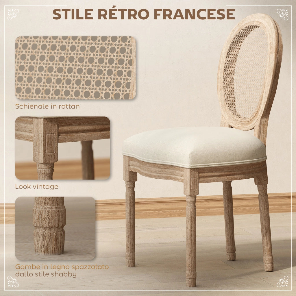 Set 2 Sedie per Soggiorno in Stile Vintage con Schienale Traforato, in Legno e Tessuto, 49x56x96cm, Bianco Crema