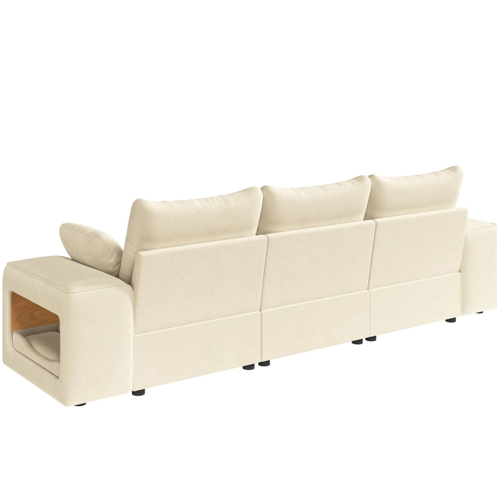 Divano modulare a 3 posti in velluto beige con contenitore; 229;5 cm; con 2 cuscini