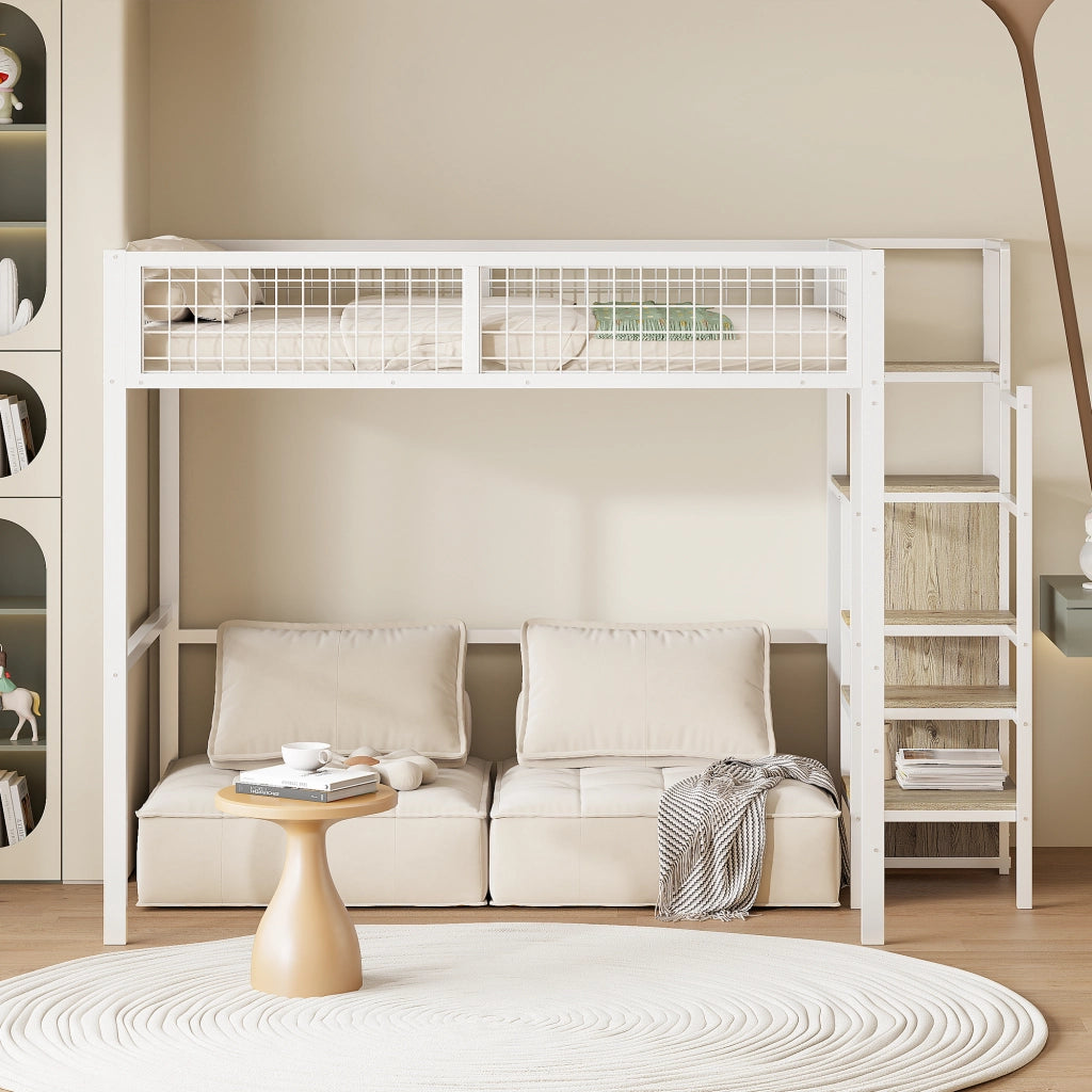 LETTO A CASTELLO 140x200 cm in metallo bianco con scala e armadio