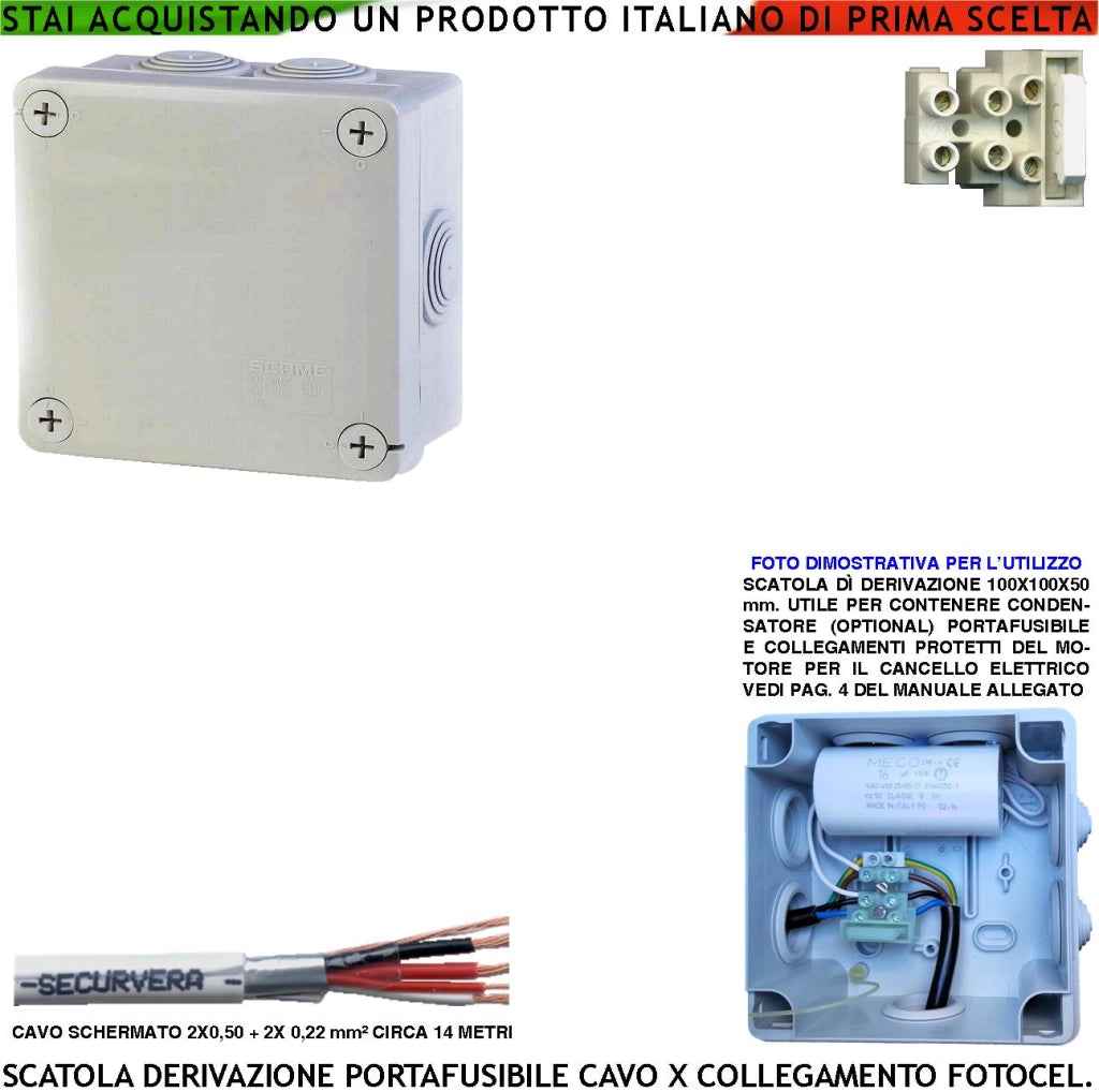 Scatola Derivazione Kit per Collegamenti tra Centrale e Motore 220 V con Fusibile per Cancello Elettrico Cavo Schermato fotocellule