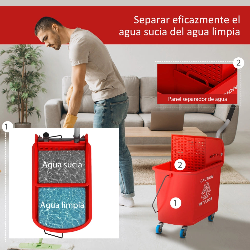 Secchio per lavare 20L con ruote e strizzatore ¨C Minimal ¨C 60x27x70,5 cm Rosso