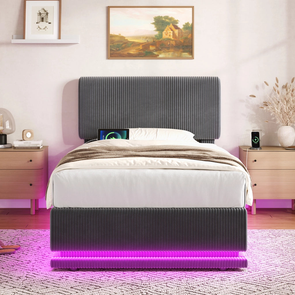 Letto imbottito 90x200 cm in tessuto corduroy con testiera regolabile, LED, USB-C e contenitore