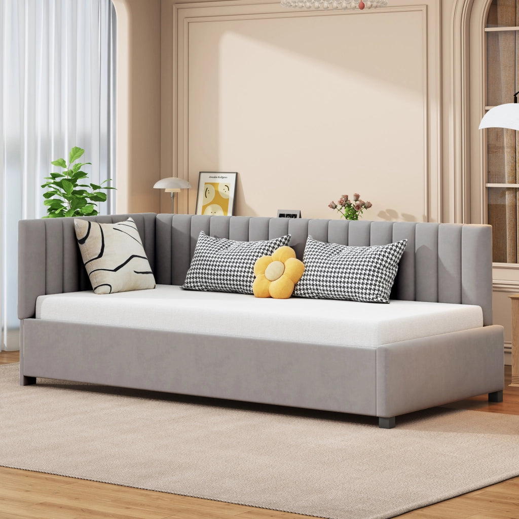 LETTO imbottito 90x200 cm in velluto grigio con rete a doghe
