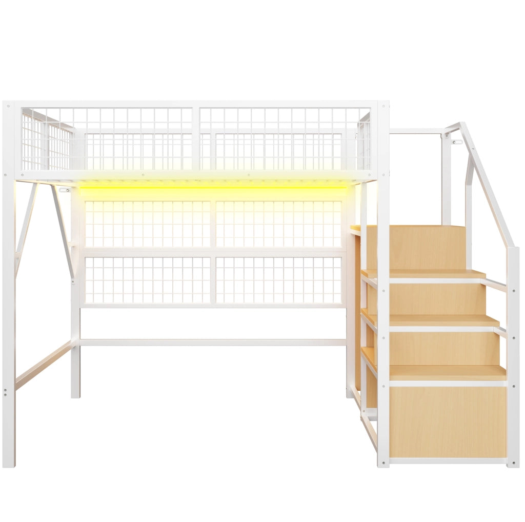 Letto a soppalco in metallo bianco con scala contenitore e LED