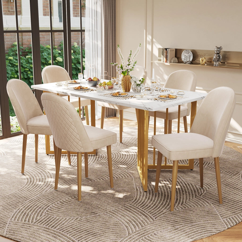 2 sedie da pranzo in velluto beige con gambe in metallo dorato, design moderno e comode