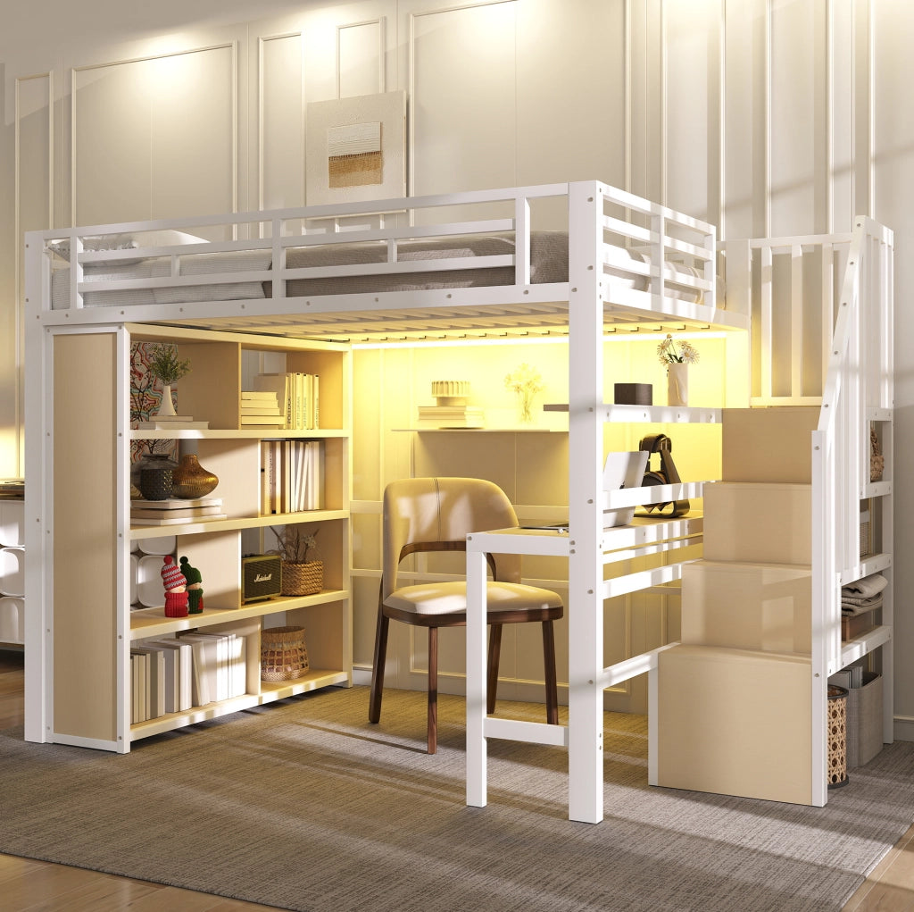 Hochbett 140x200 cm con scrivania; ripiani e LED; in metallo e MDF; bianco