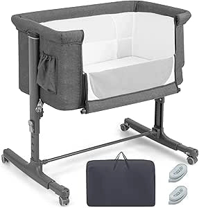 Culla Neonato Fianco Letto 3 in 1, Lettino Dondolo Neonati con Materasso, Culla da Campeggio con Ruote e Borsa, Regolabile In Altezza, Inclinazione di 10°, per Bambini 0-6 Mesi (Grigio Scuro)