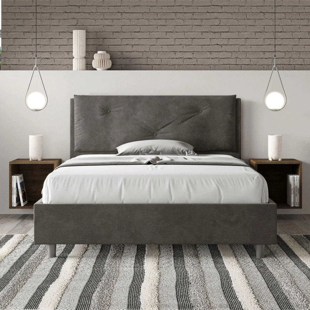 BS COM Letto matrimoniale francese con rete imbottito 140x210 microfibra grigio Large