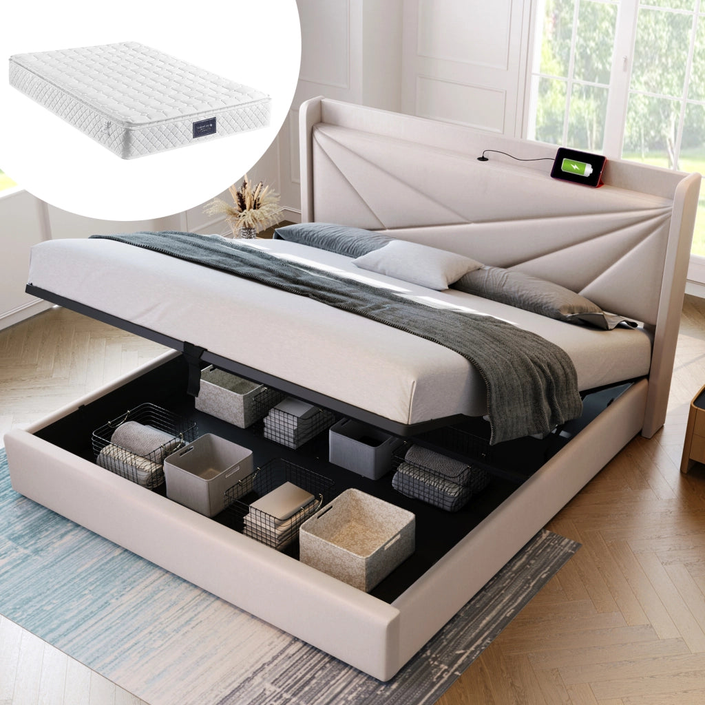 LETTO Contenitore 140x200 cm con USB e USB-C Testiera Geometrica Beige