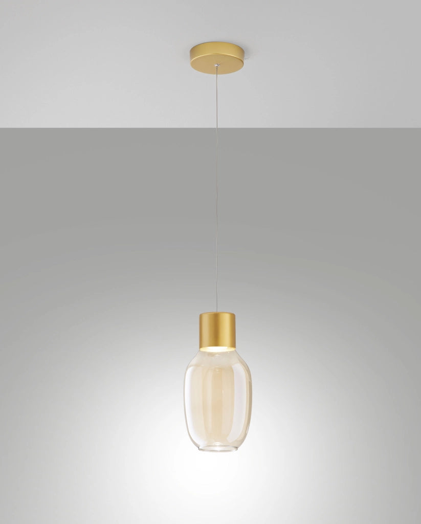Lampada a Sospensione LED Lapo 12W 1300lm 3000K Dimmerabile a step, Struttura in Metallo e Vetro Borosilicato Colore Cognac - 3768-40-365