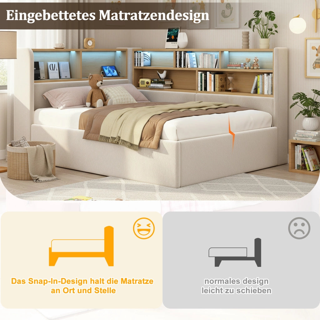 LETTO 90x200 cm con contenitore idraulico in velluto beige, LED, USB e USB-C