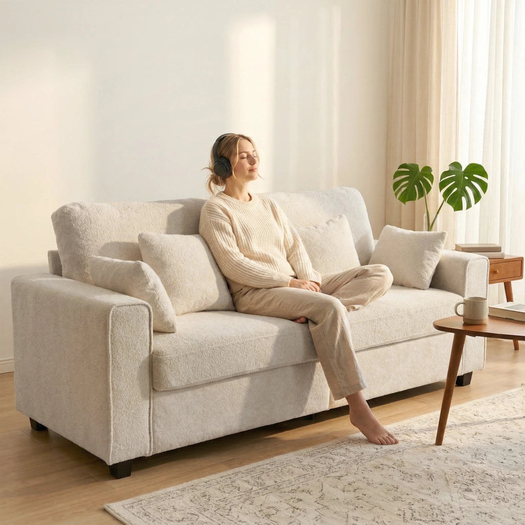 Divano 3 Posti Tessuto Velluto ¨C Zephmum ¨C Beige con Cuscini