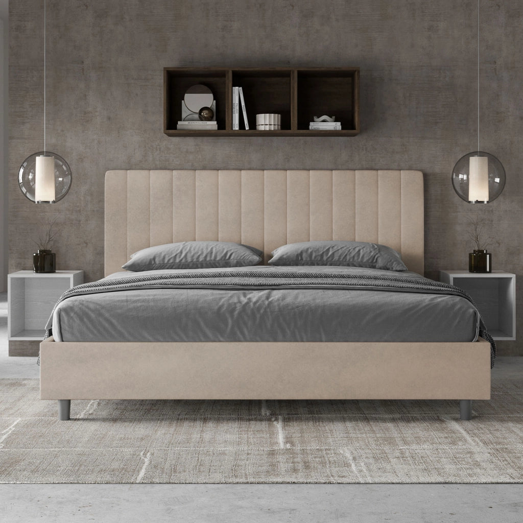 BS COM Letto matrimoniale king size contenitore imbottito 190x200 microfibra sabbia