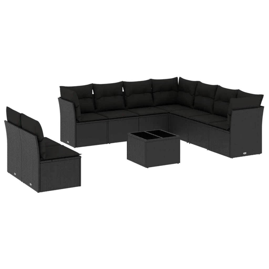 Set Divani da Giardino 10pz con Cuscini in Polyrattan Nero