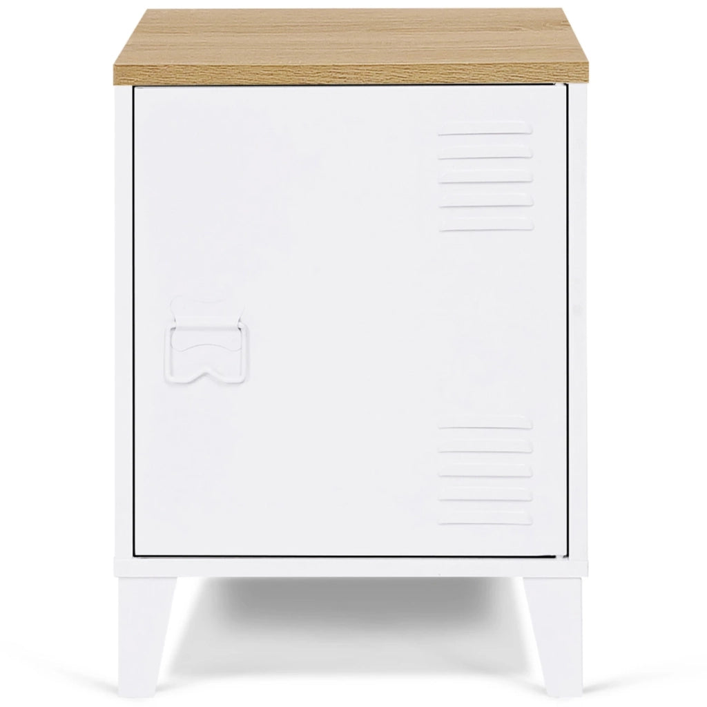 IDMarket - ESTER Mesilla de noche de 1 puerta de metal con tapa de haya de estilo industrial