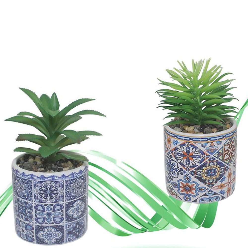 Trade Shop - Vaso In Ceramica Con Piantina Artificiale 15cm Pianta Idea Regalo Bomboniera Blu -