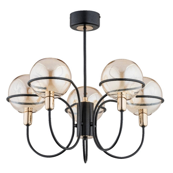 Plafoniera PETRA nera oro 5 sfere vetro E14 10W Alfa
