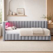 Divano letto imbottito L con LED, USB e rete a doghe, 140x200 cm