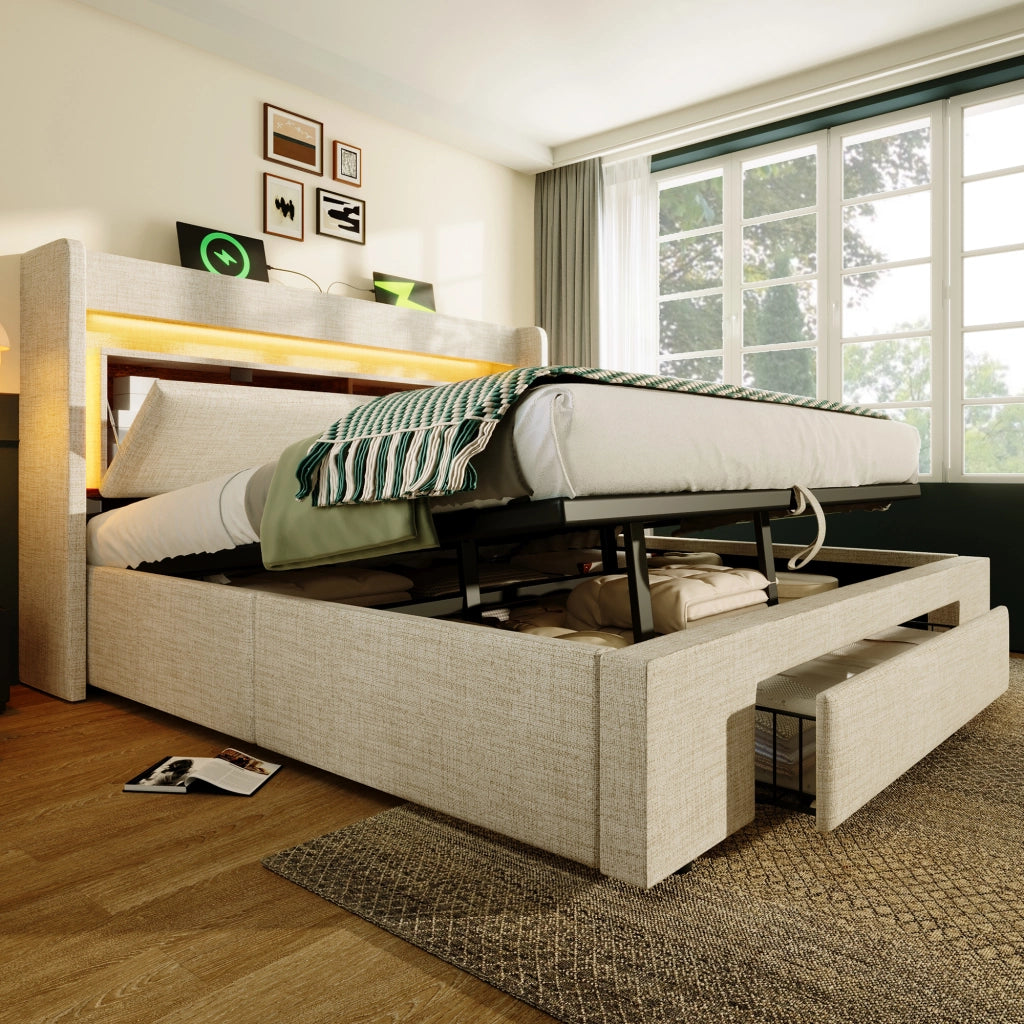 LETTO Contenitore idraulico 140x200 cm Beige in lino con LED e USB-C