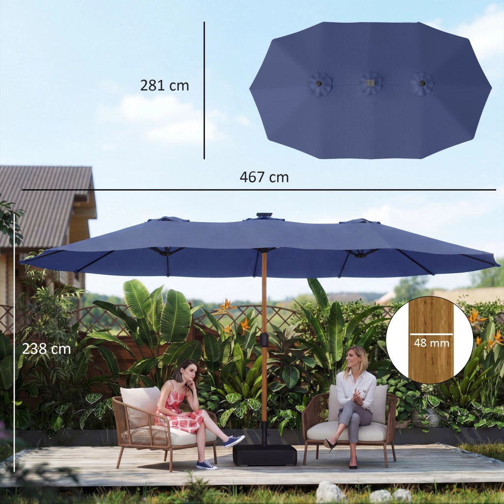 Ombrellone Doppio 467x281x238 cm a 12 Stecche con Manovella Base a Croce e Sacchi di Sabbia Blu Scuro