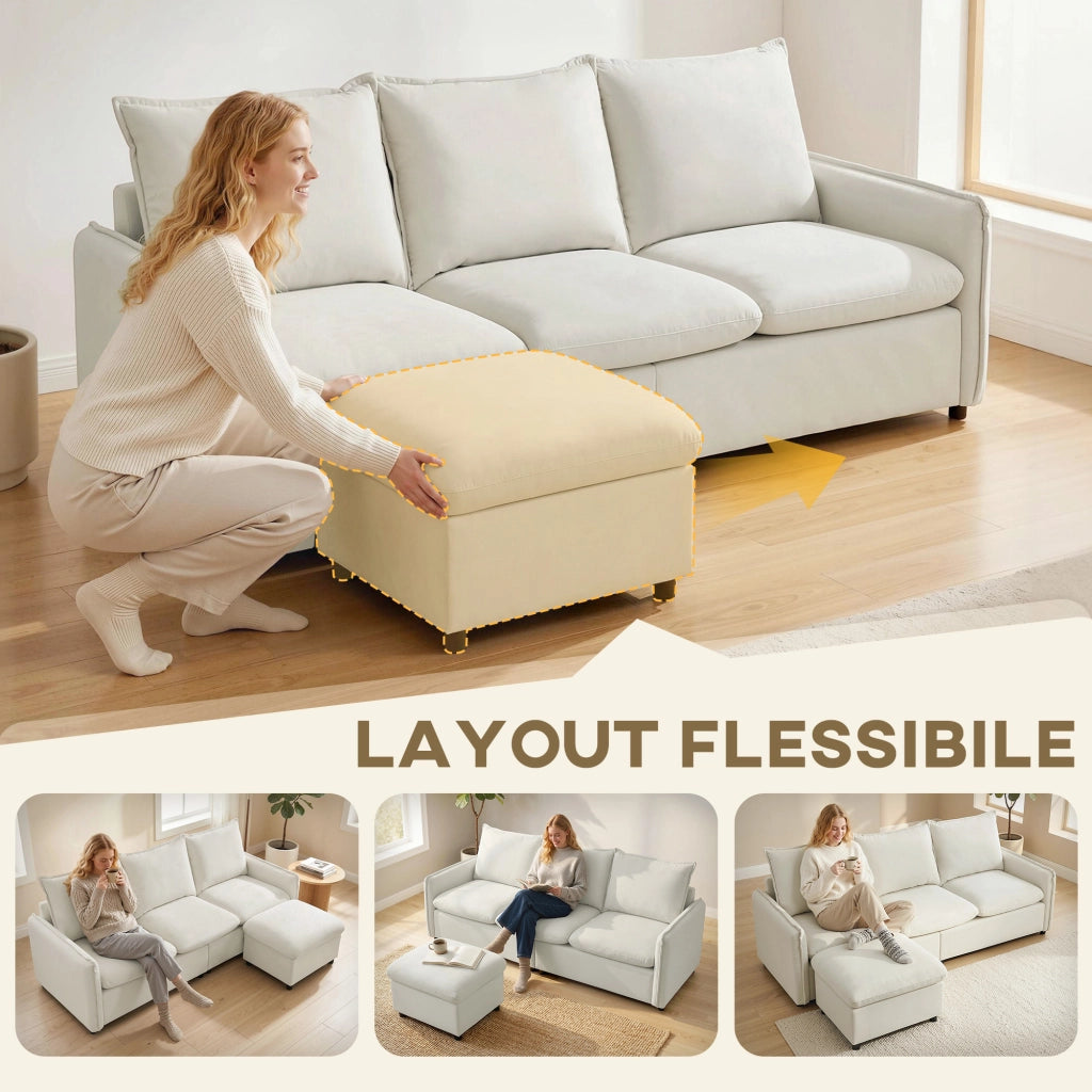 Divano Angolare 3 Posti in Tessuto con Contenitore e Cuscini ¨C Minimal ¨C Crema