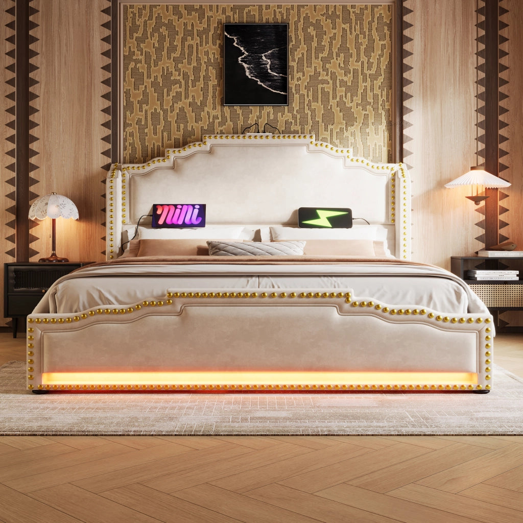 Letto imbottito 140x200 - Zephmum - 4 cassetti, LED, USB-C, velluto, beige