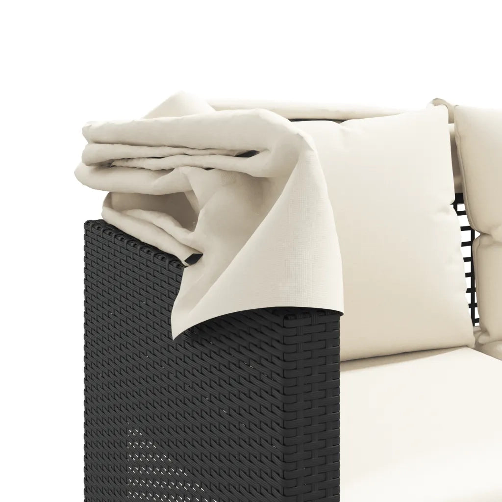 Divano Giardino 3 Posti Baldacchino e Sgabelli-Sofa da Giardino-Divanetto da esterno Nero Polyrattan