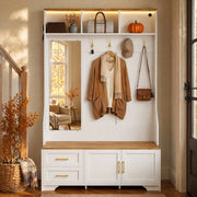Armadio guardaroba da ingresso con scarpiera, specchio, LED, ganci e cassetti 120x40x187 cm bianco effetto legno