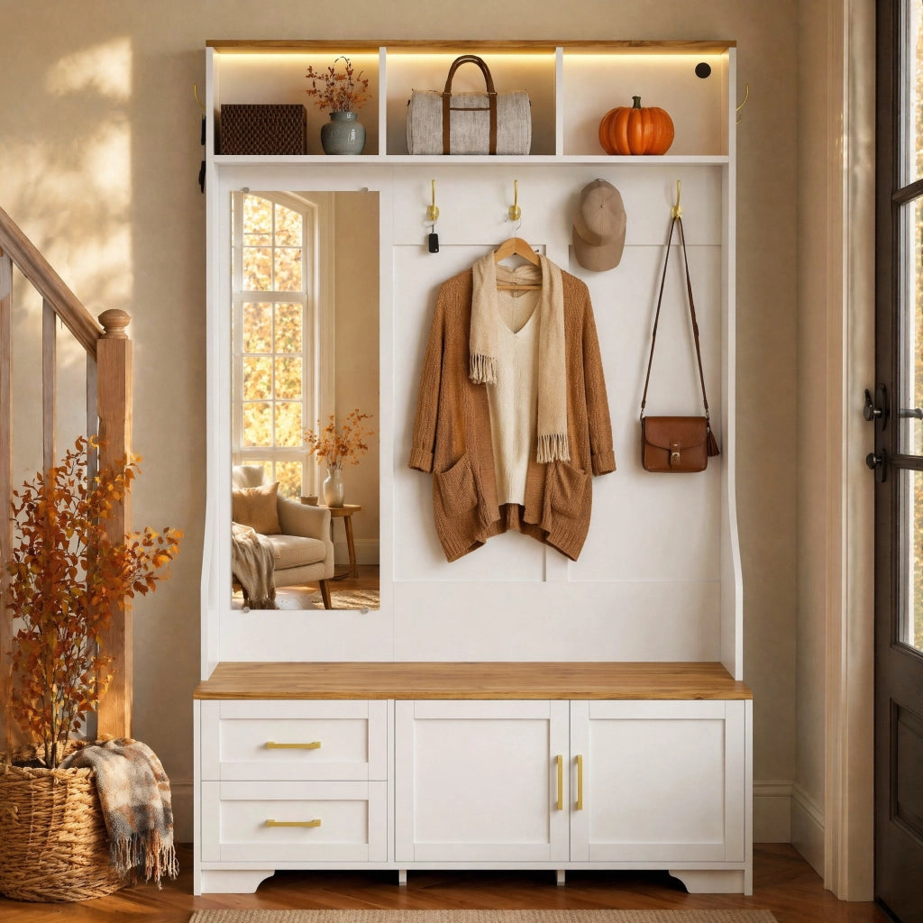 Armadio guardaroba da ingresso con scarpiera, specchio, LED, ganci e cassetti 120x40x187 cm bianco effetto legno