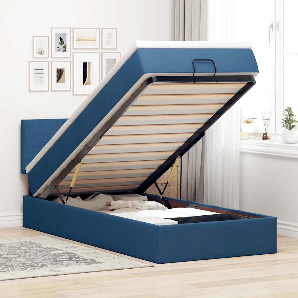 Pouf Letto con Materasso e LED Blu 100x200 cm in Tessuto
