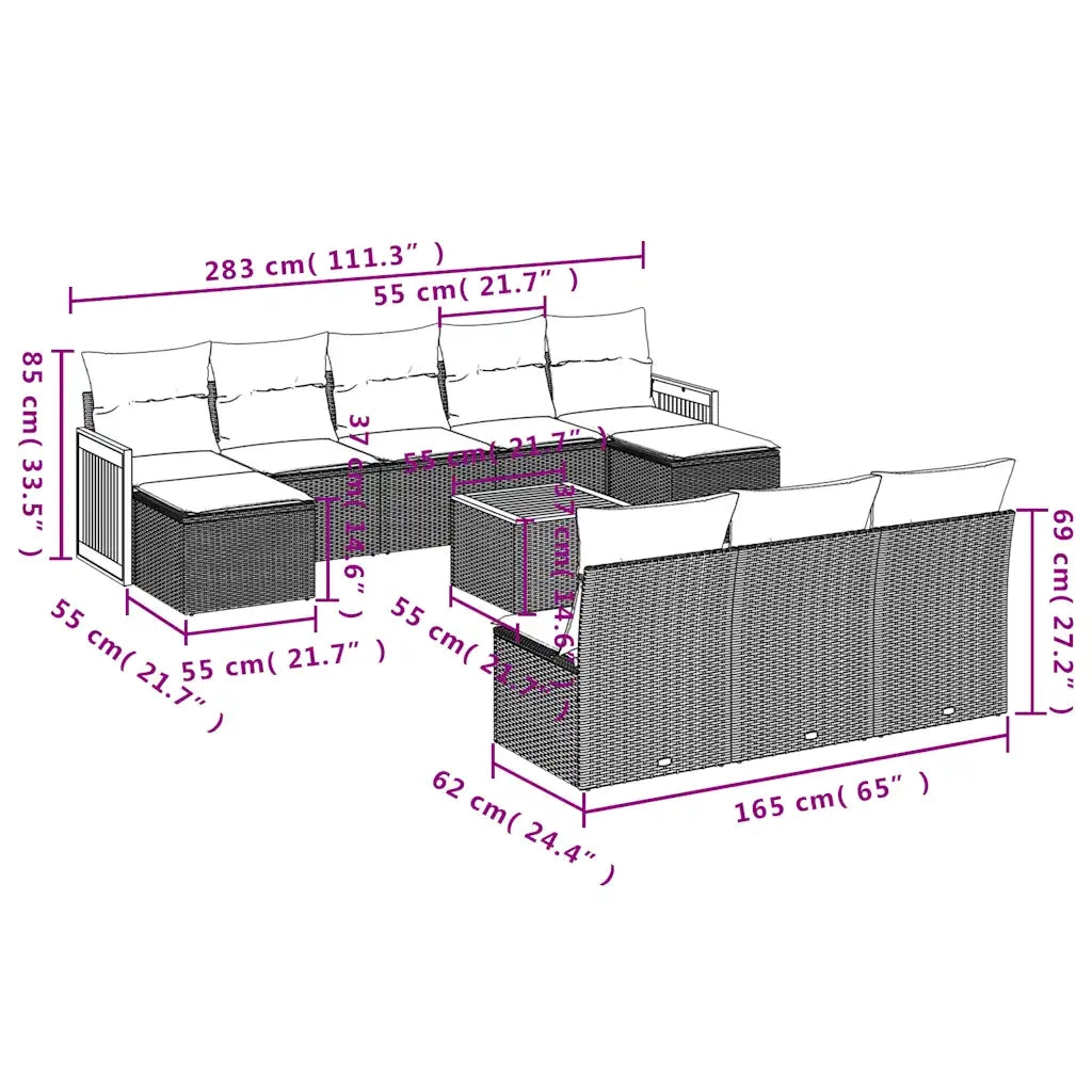 Set Divani da Giardino 11 pz con Cuscini Nero in Polyrattan 3228073