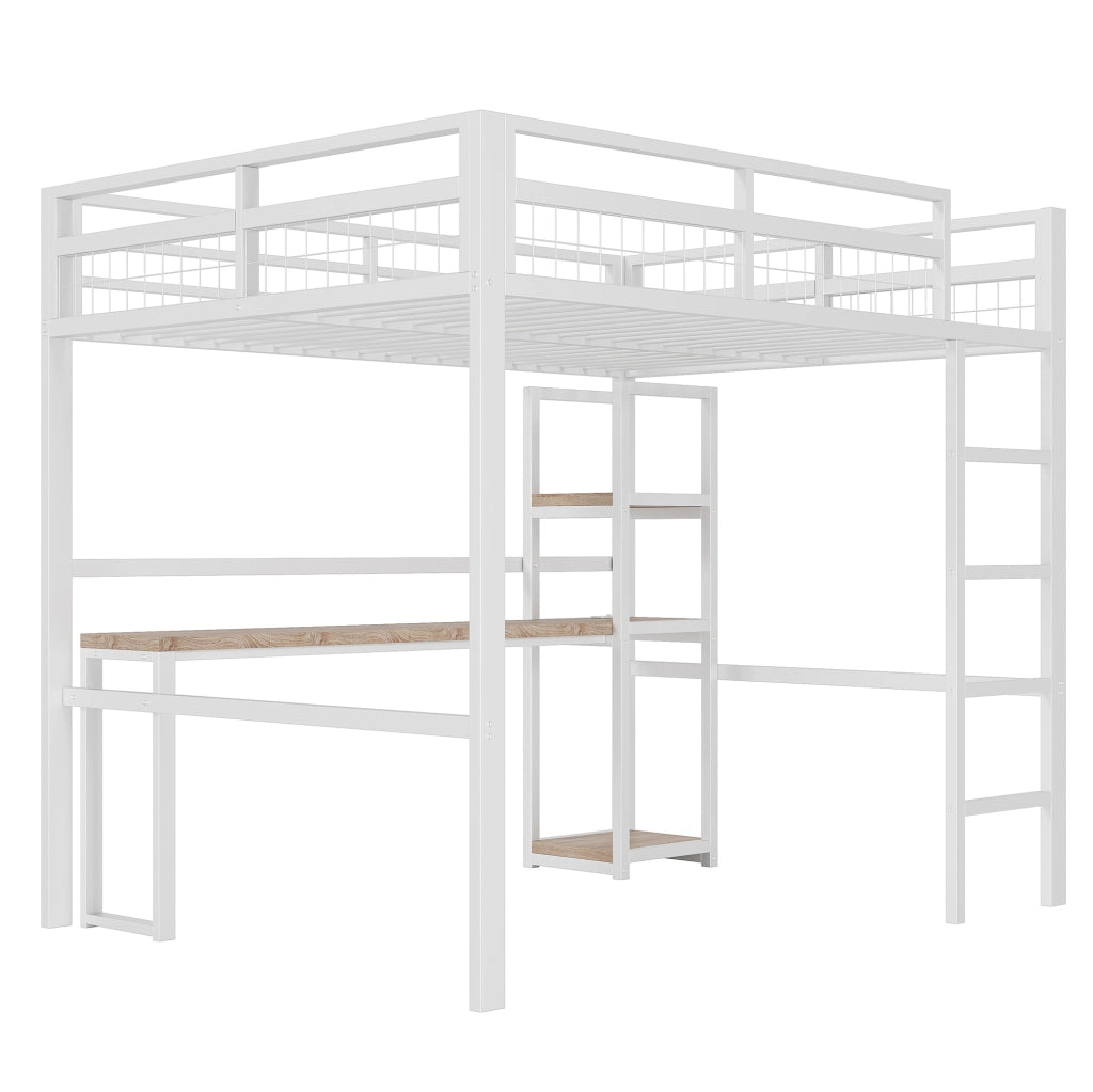 Letto a soppalco 140x200 cm con scrivania, ripiani e prese USB Type-C