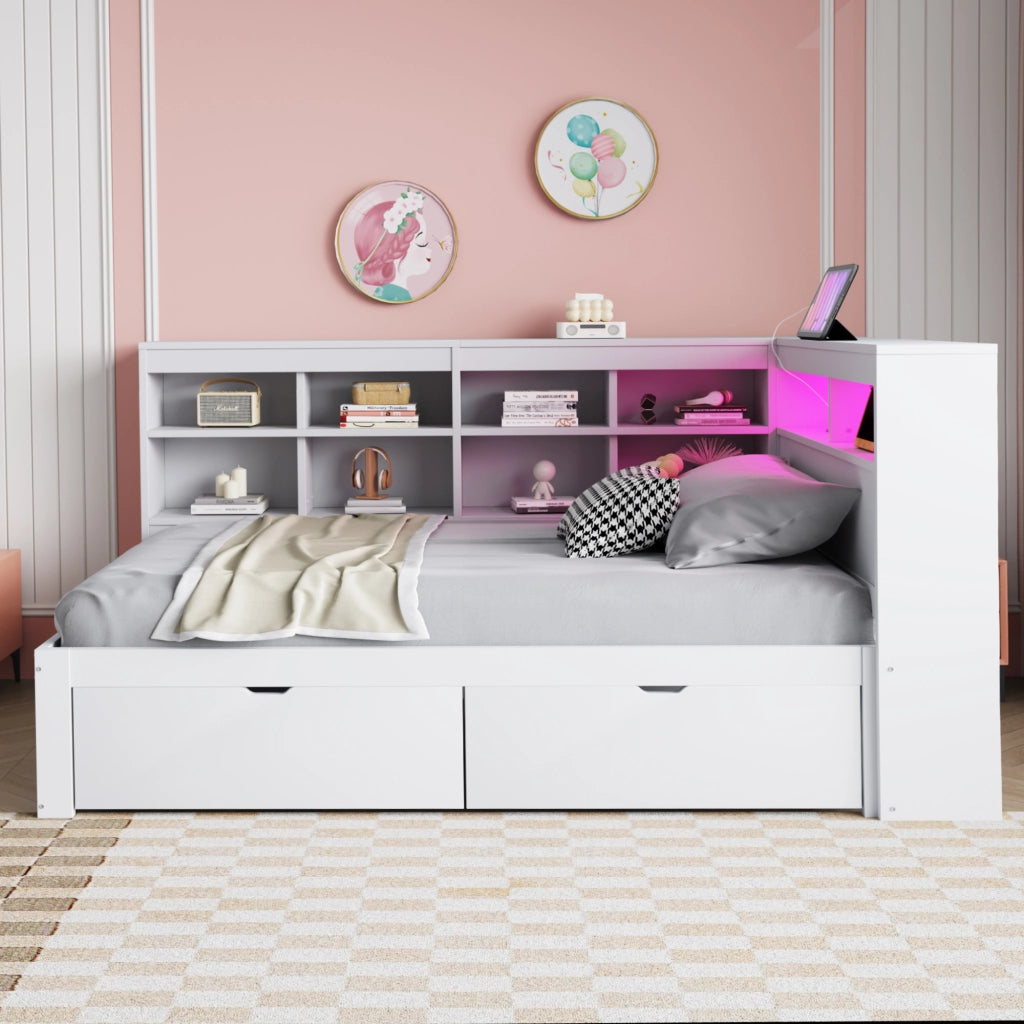 Letto Singolo in Legno Massello con LED, USB e Contenitore ¨C MINIMAL ¨C Bianco 90x200