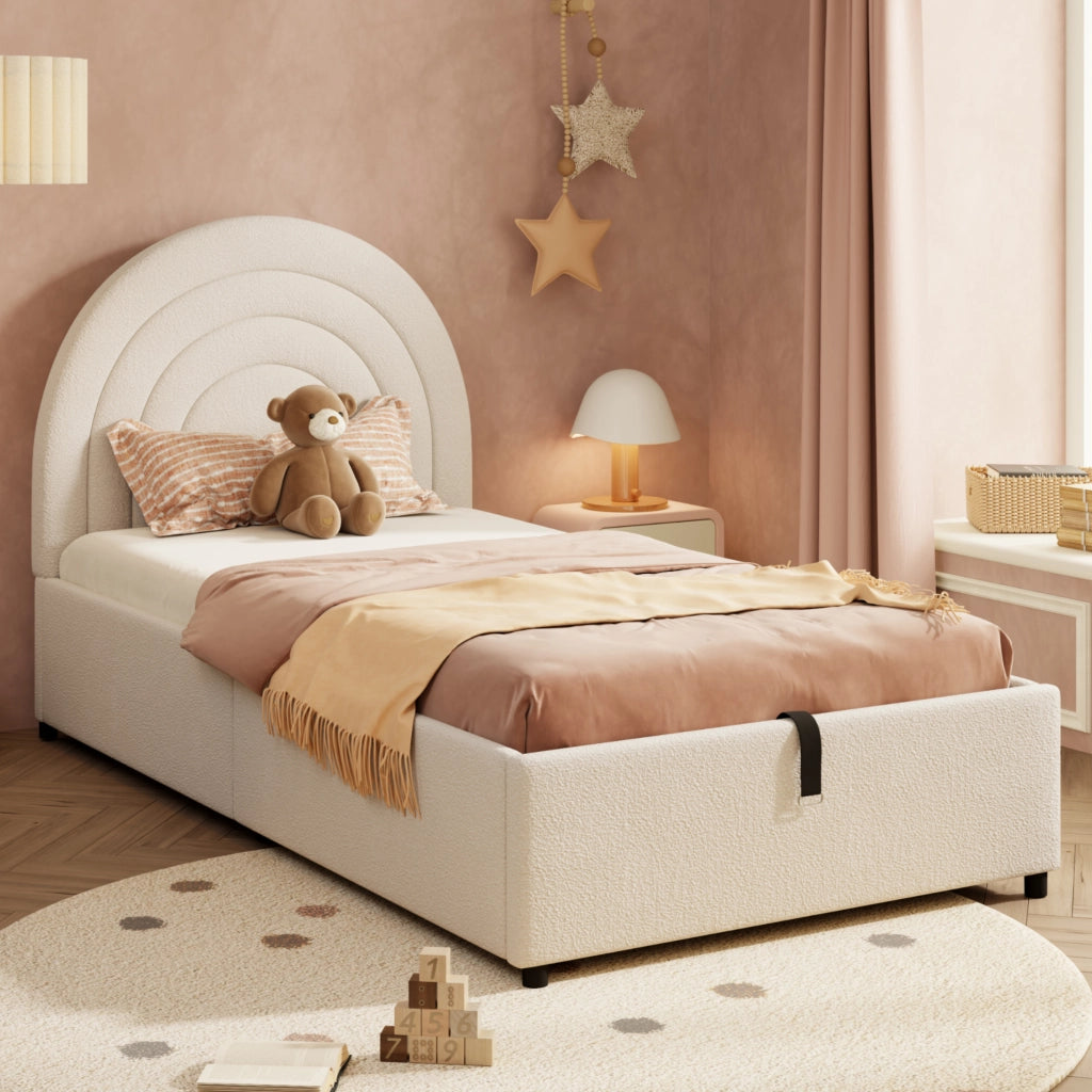 OKWISH Letto Contenitore 90×200 cm, Letto Singolo con Vano Contenitore Idraulico, Testiera Imbottita e Struttura Antirumore, senza Materasso, Bouclé, Beige