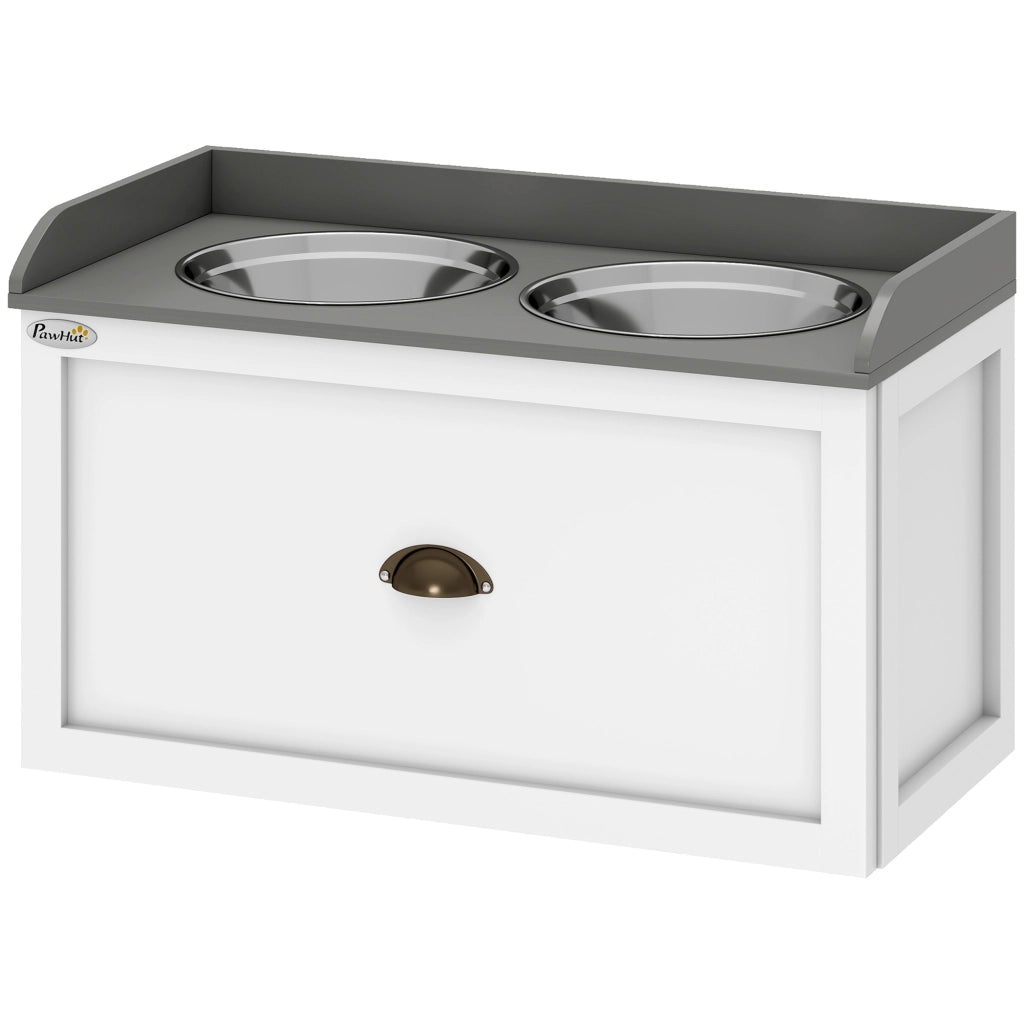 Casetta per Cani con 2 Ciotole e Cassetto ¨C Minimal ¨C Bianco e Grigio, Acciaio Inox, 60x30x36 cm