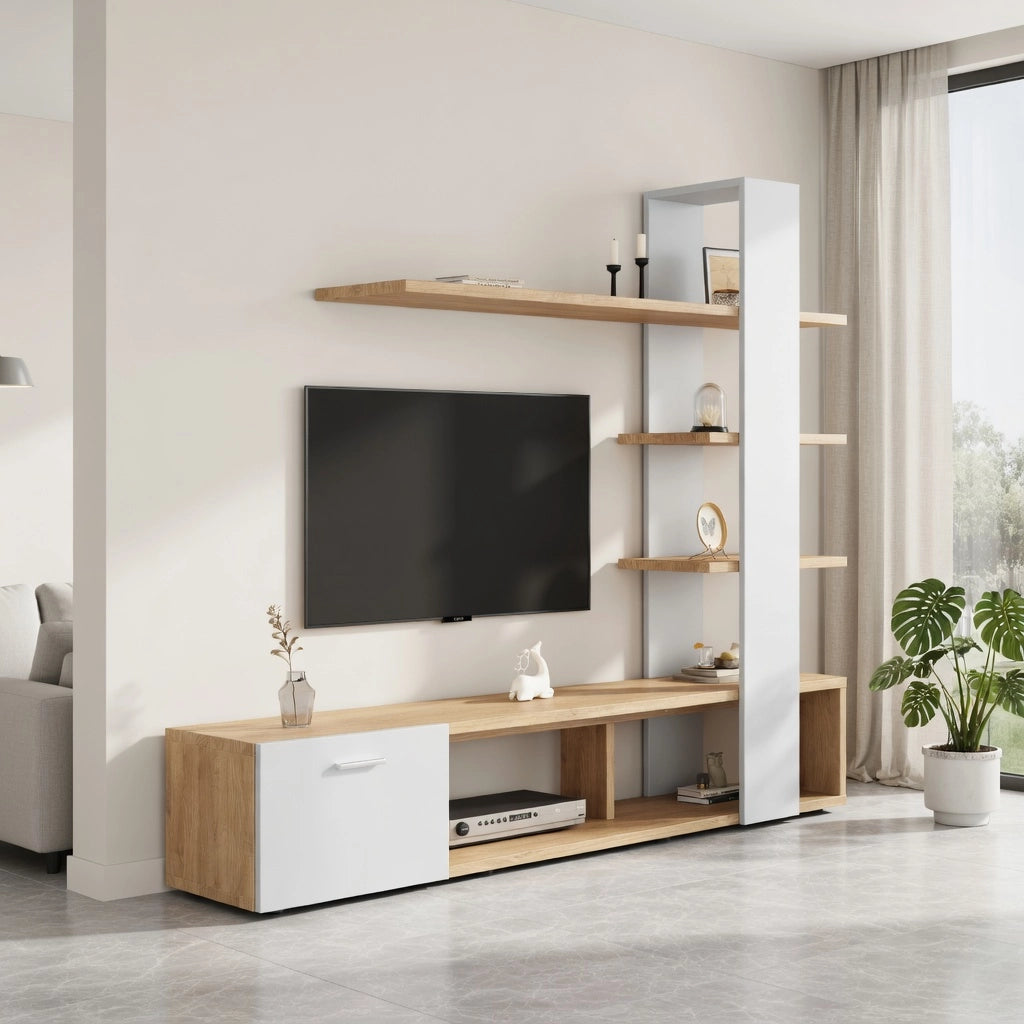 Cassettiera per TV bianca e legno; truciolato; lunghezza 180 cm