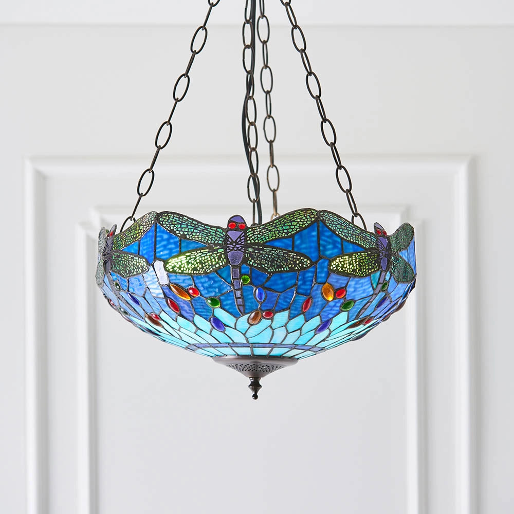 Lampadario sospensione Tiffany libellula blu 3xE27