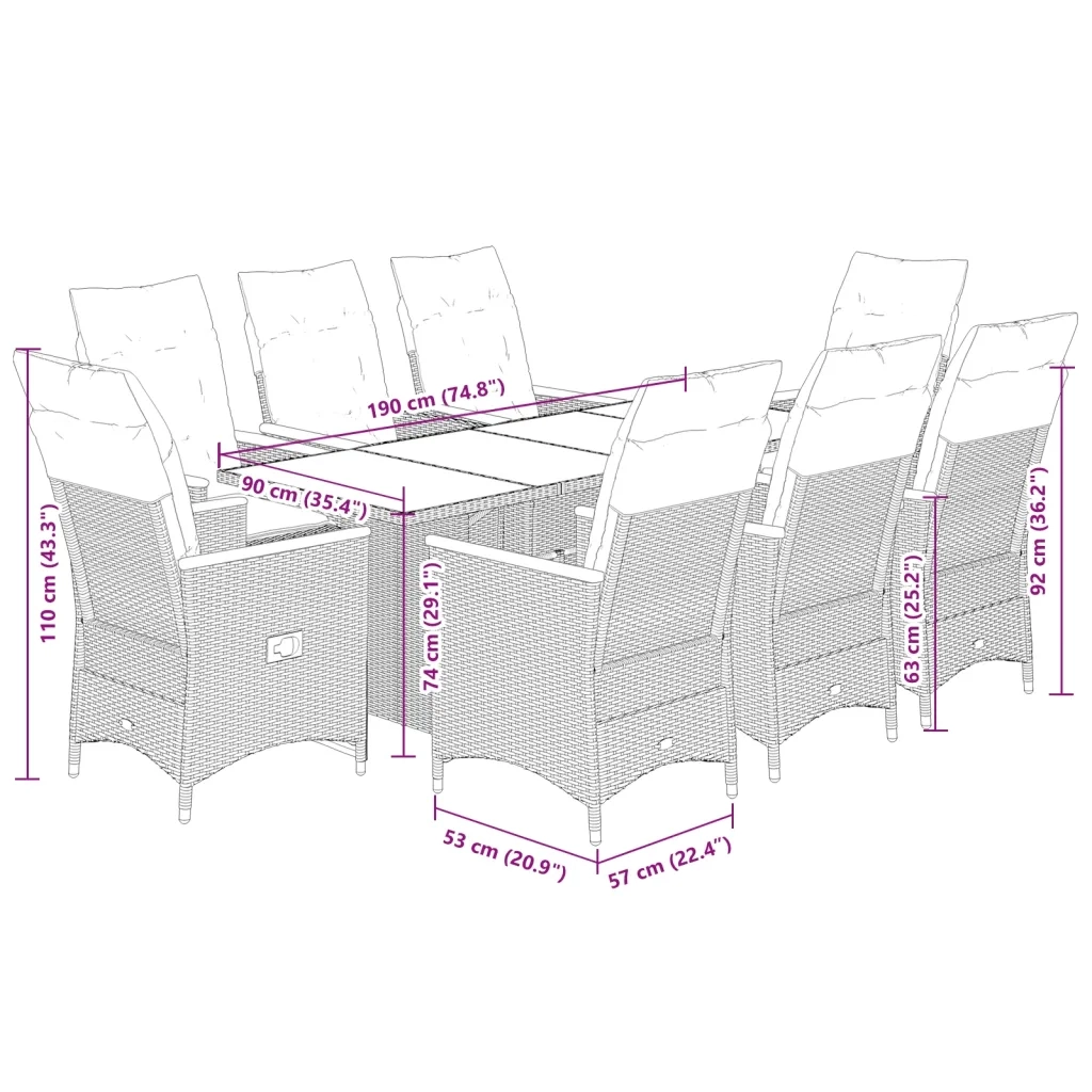 Set da Pranzo da Giardino 9 pz con Cuscini in Polyrattan Grigio