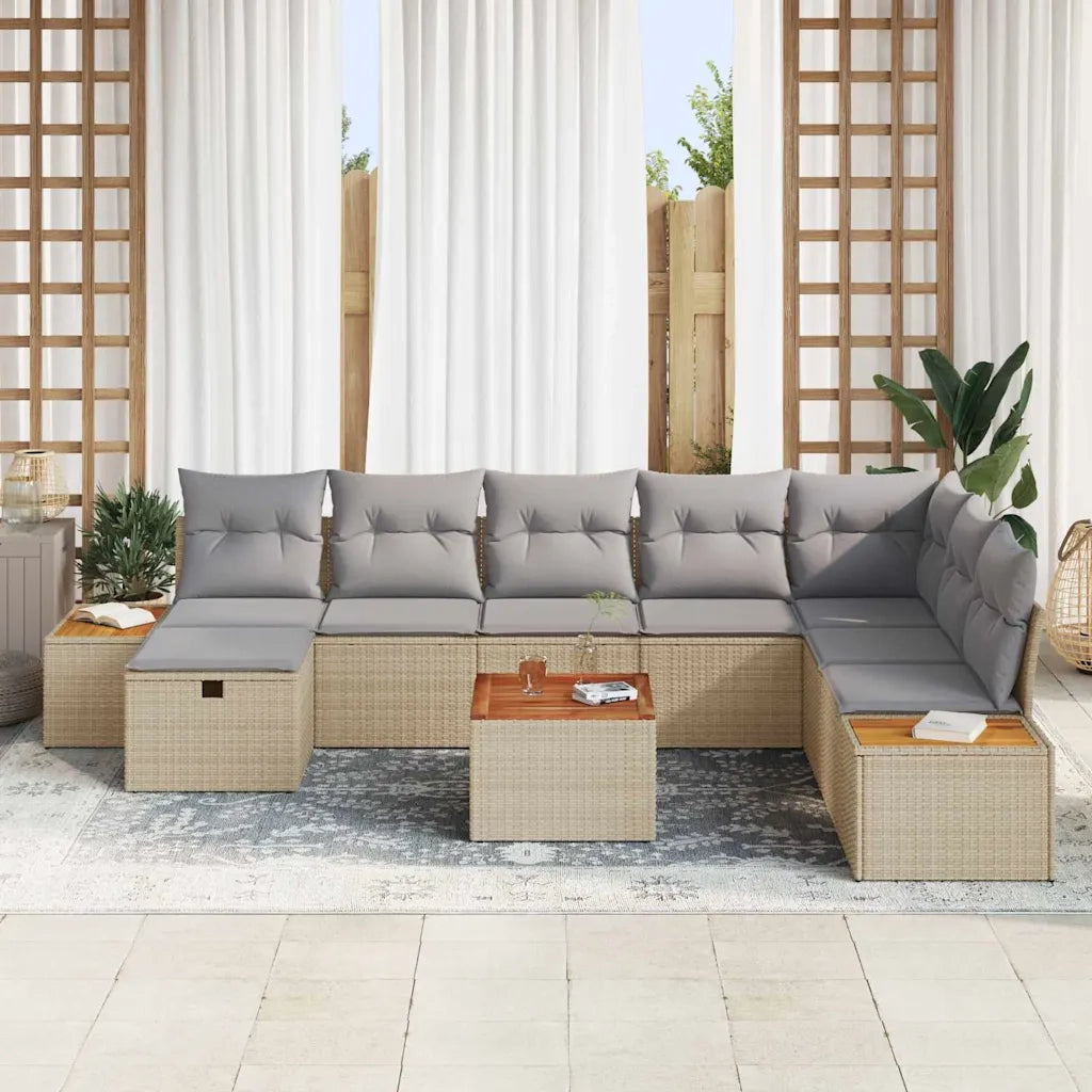 Set Divano da Giardino con cuscino 9 pcs Beige polyrattan