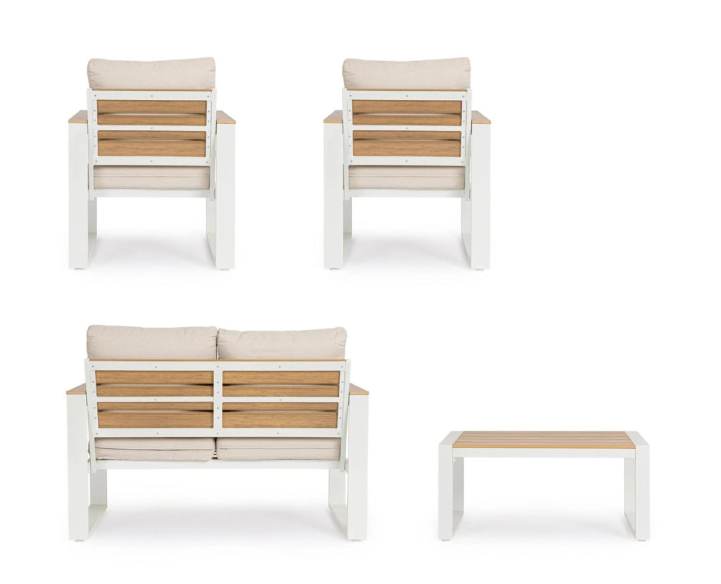 Set 4 Pezzi Salotto da Giardino con Divano 2 Poltrone e Tavolino in Alluminio e Polywood Leandro Bianco e Beige