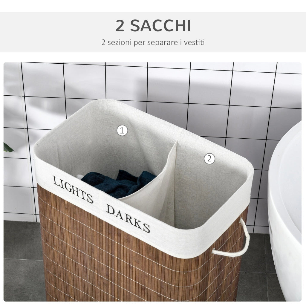 Cesto per Biancheria 2 Scomparti 52x32x63 cm con Coperchio e Maniglie Marrone