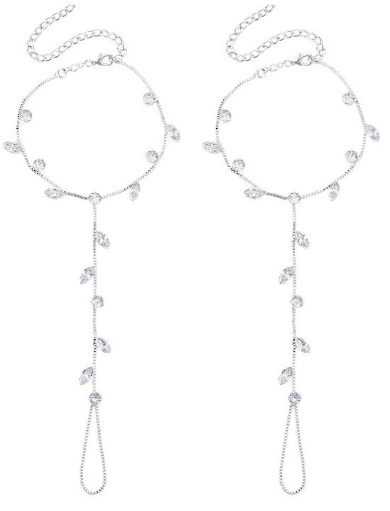 Catenella per piede 2 pezzi - Cinturino a strass - Anello d'argento - Regolabile - Ornamento elegante - Ideale per matrimoni