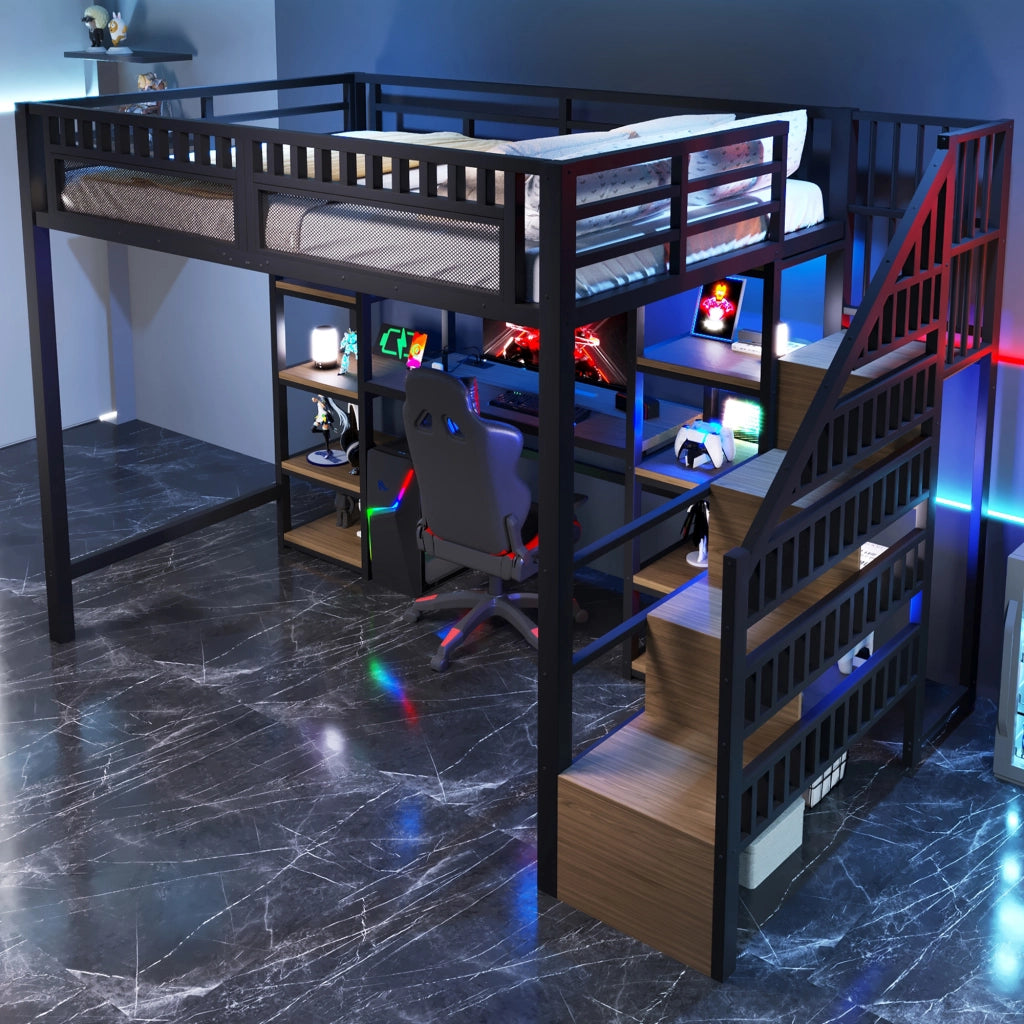 Letto castello 140x200 ferro ripiani scala scrivania LED USB nero