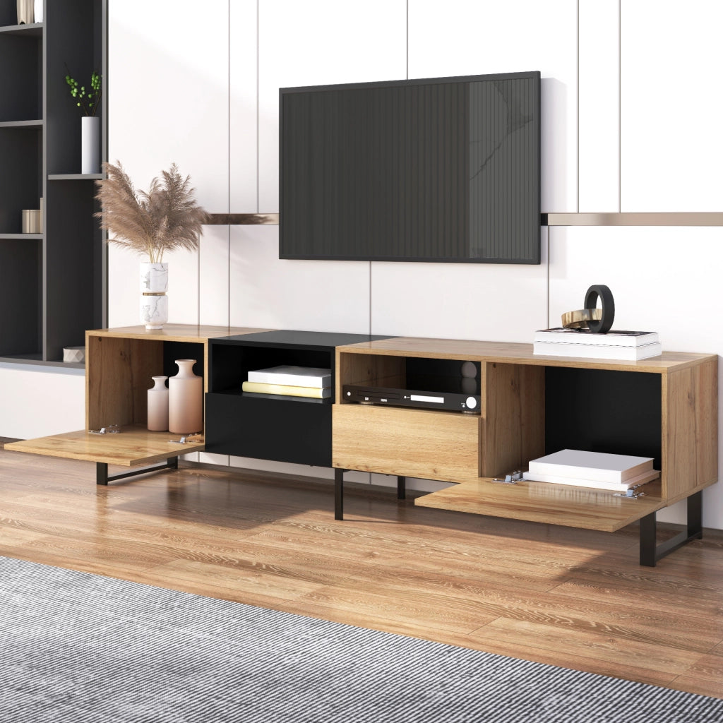 Supporto TV moderno - Zephmum - Design nero e legno, robusto, ampio spazio