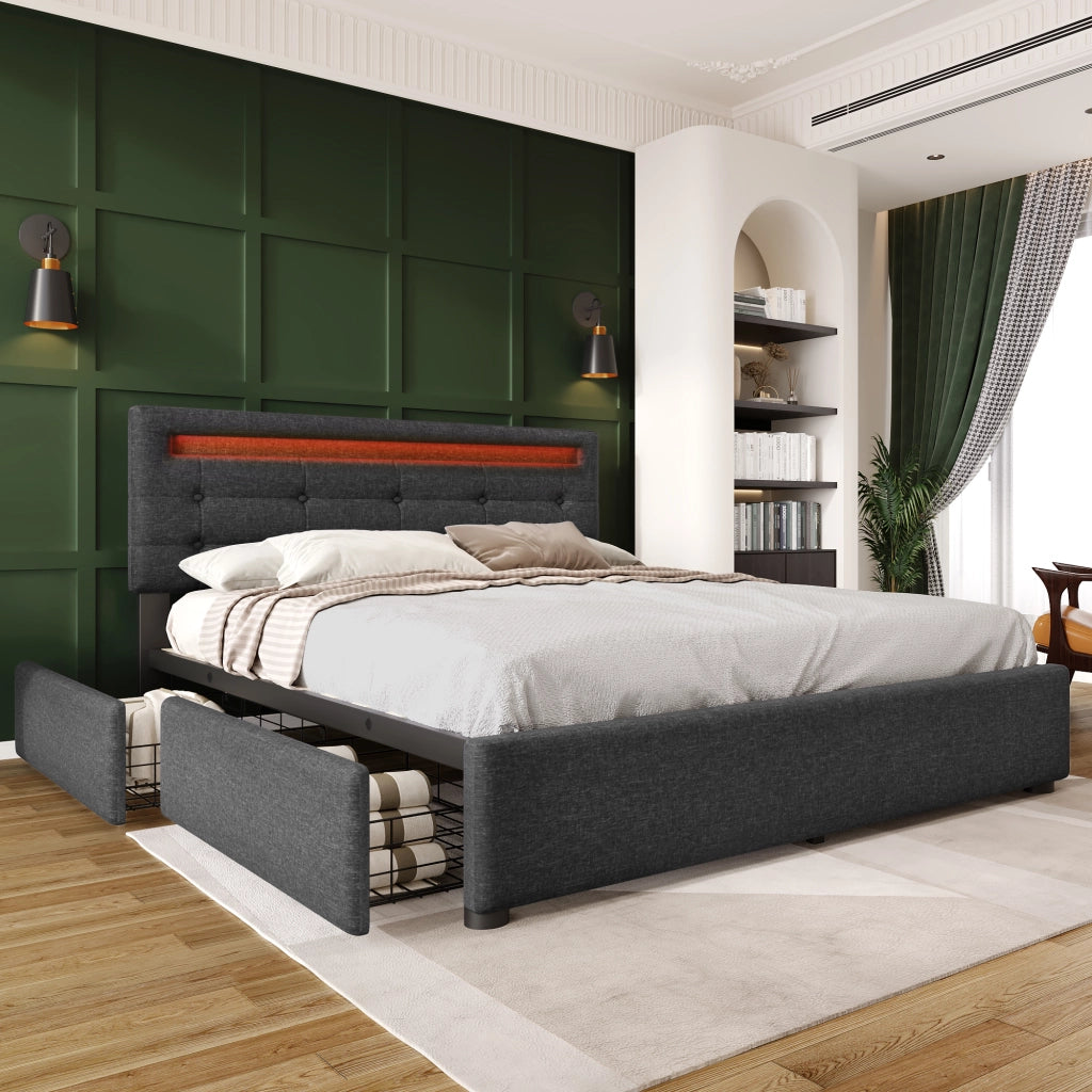 LETTO matrimoniale 140x200 cm in lino grigio con LED e 4 cassetti